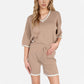 Knit Lounge Set with V-Neck Top and Drawstring Shorts Featuring Contrast Trim