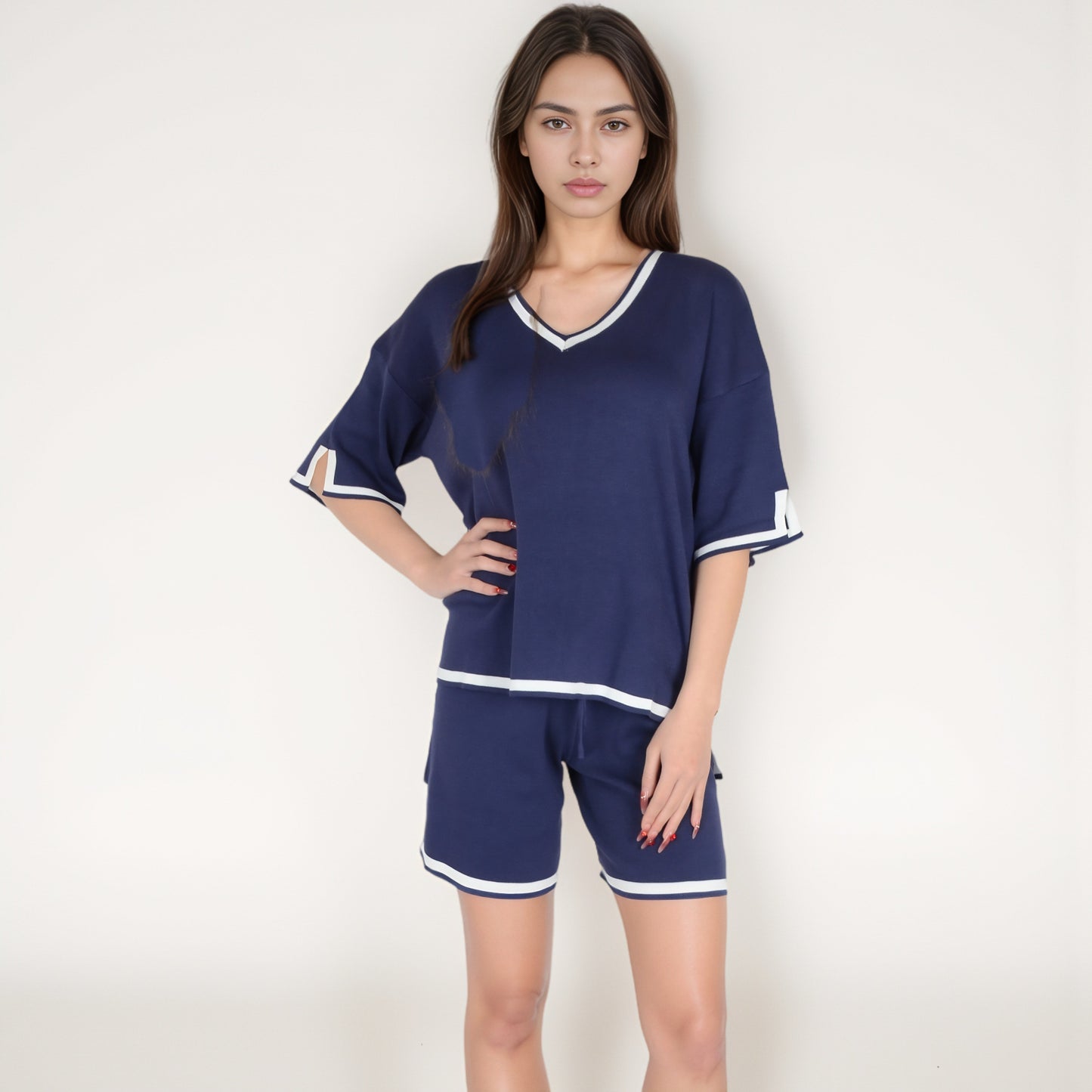 Knit Lounge Set with V-Neck Top and Drawstring Shorts Featuring Contrast Trim