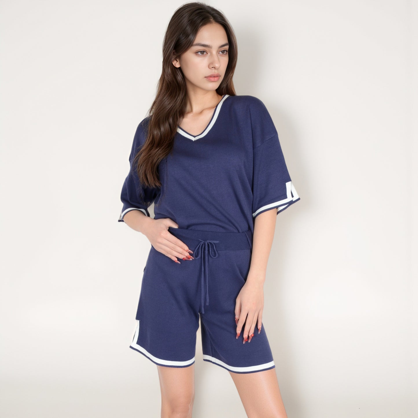 Knit Lounge Set with V-Neck Top and Drawstring Shorts Featuring Contrast Trim