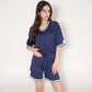 Knit Lounge Set with V-Neck Top and Drawstring Shorts Featuring Contrast Trim
