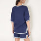 Knit Lounge Set with V-Neck Top and Drawstring Shorts Featuring Contrast Trim