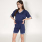 Knit Lounge Set with V-Neck Top and Drawstring Shorts Featuring Contrast Trim
