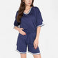 Knit Lounge Set with V-Neck Top and Drawstring Shorts Featuring Contrast Trim