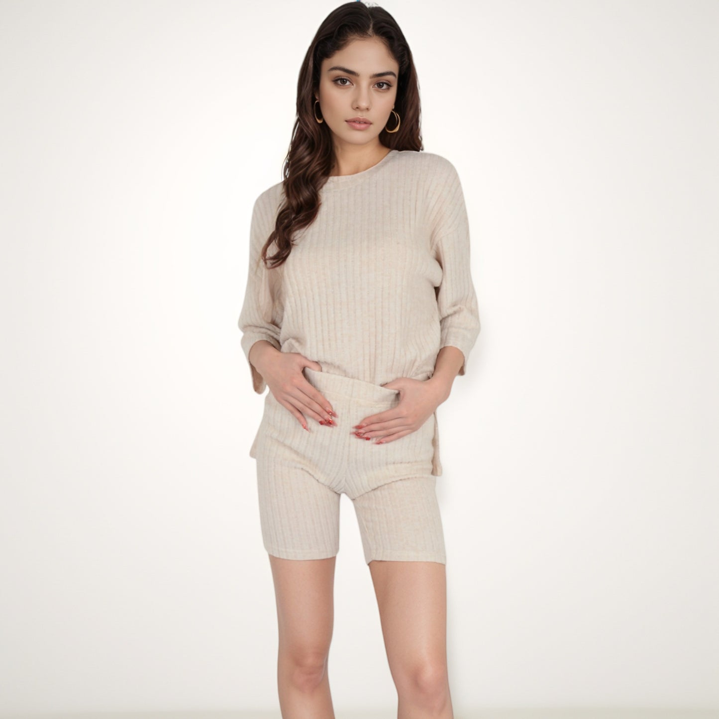 Ribbed Knit Lounge Set with 3/4 Sleeve Top and Fitted Shorts