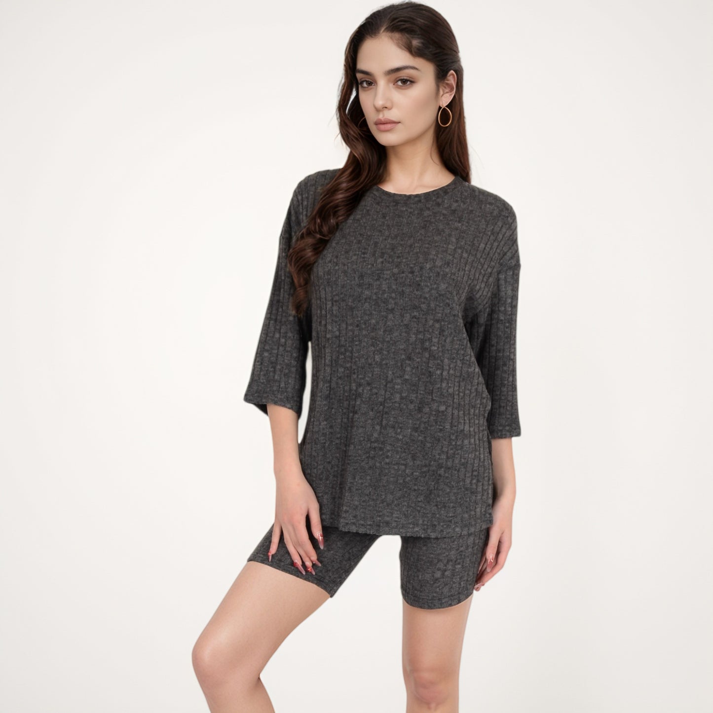 Ribbed Knit Lounge Set with 3/4 Sleeve Top and Fitted Shorts