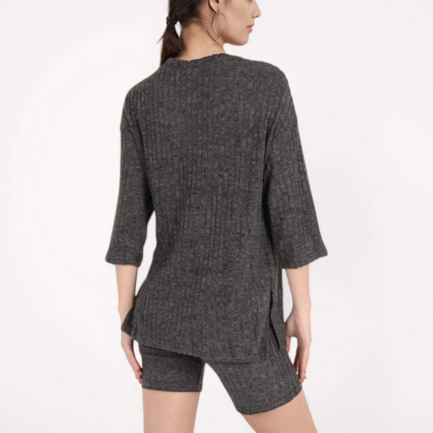 Ribbed Knit Lounge Set with 3/4 Sleeve Top and Fitted Shorts