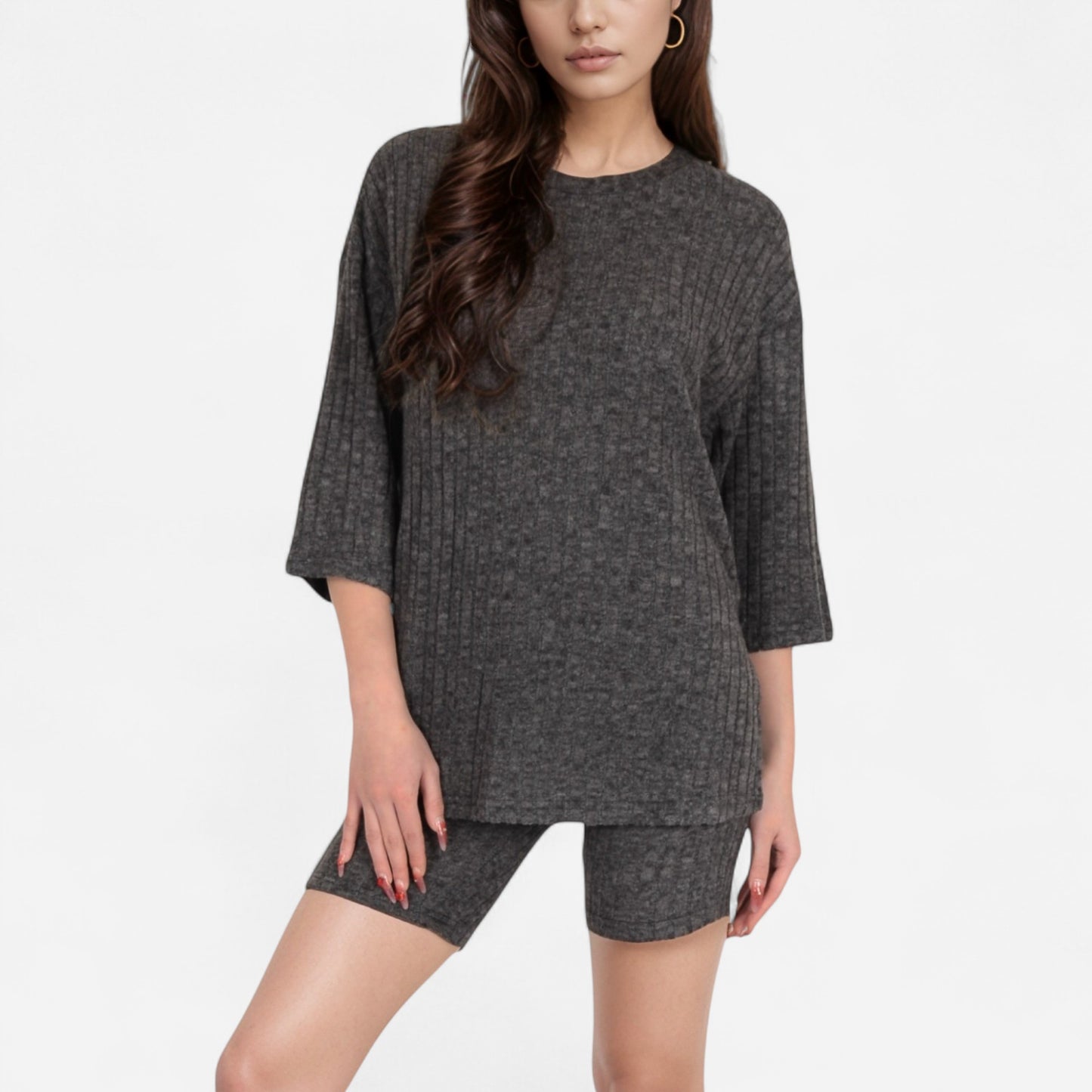 Ribbed Knit Lounge Set with 3/4 Sleeve Top and Fitted Shorts