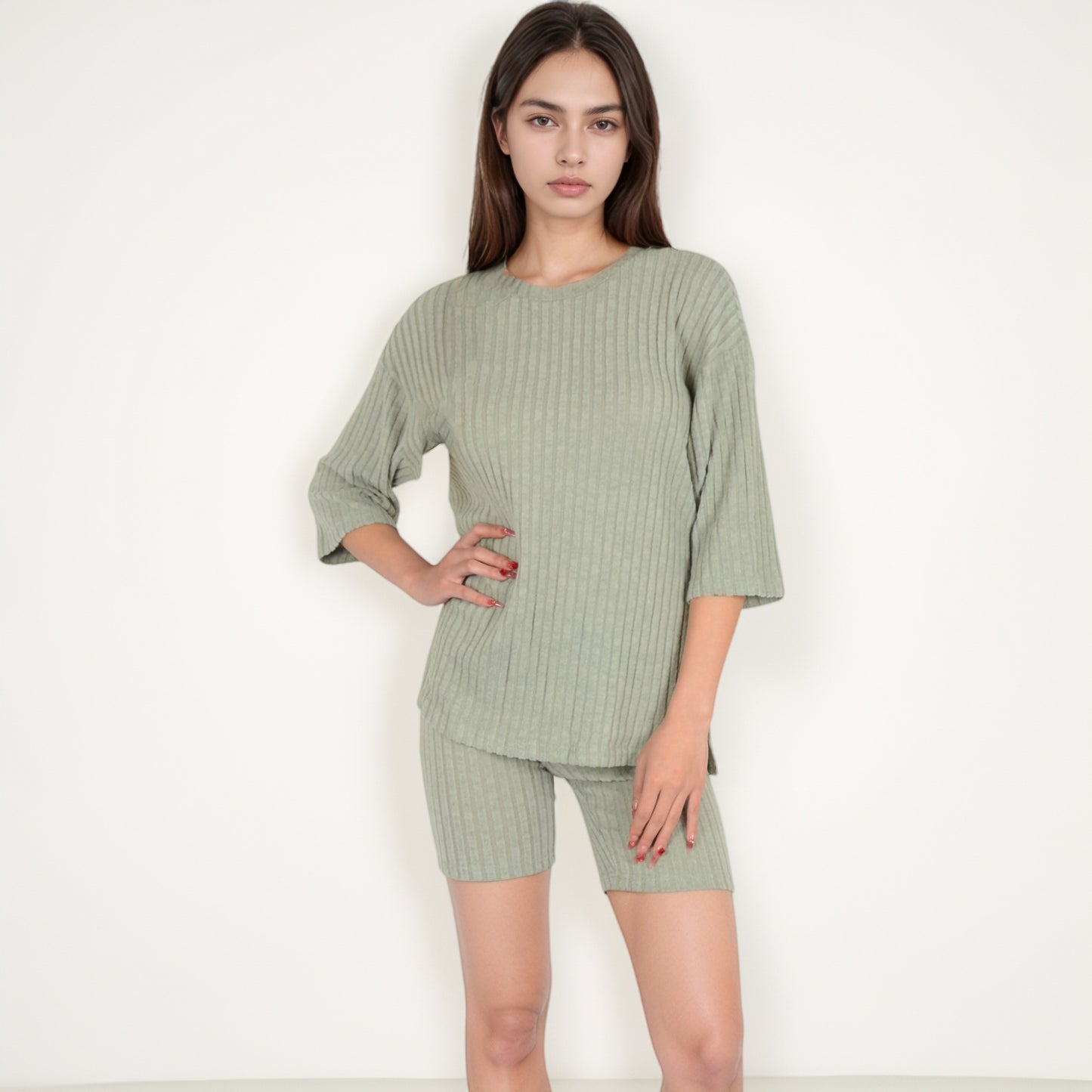 Ribbed Knit Lounge Set with 3/4 Sleeve Top and Fitted Shorts