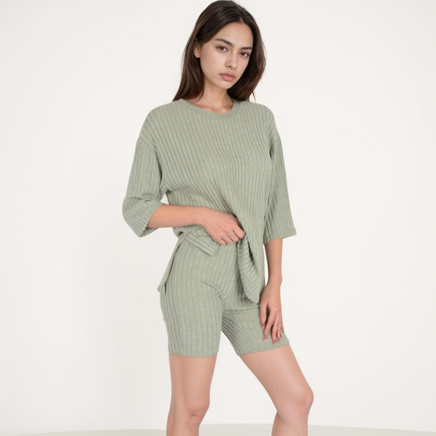 Ribbed Knit Lounge Set with 3/4 Sleeve Top and Fitted Shorts