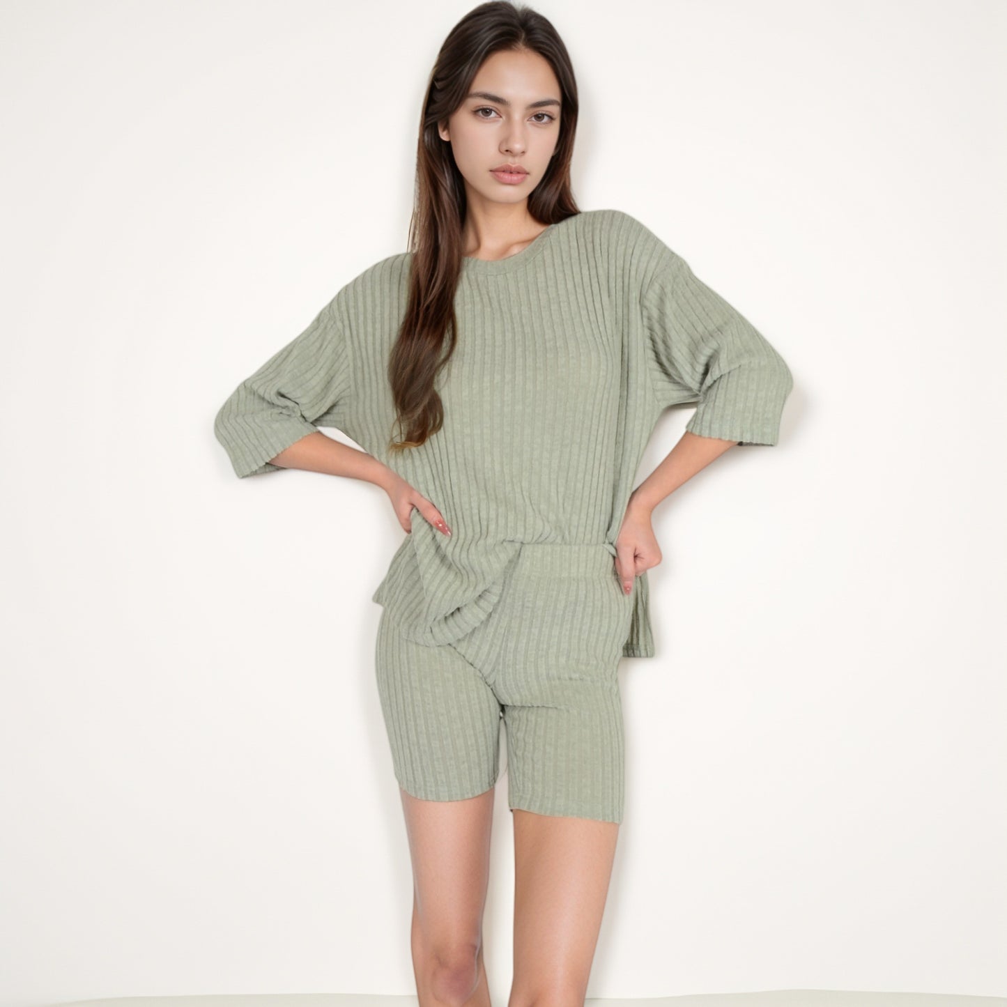 Ribbed Knit Lounge Set with 3/4 Sleeve Top and Fitted Shorts