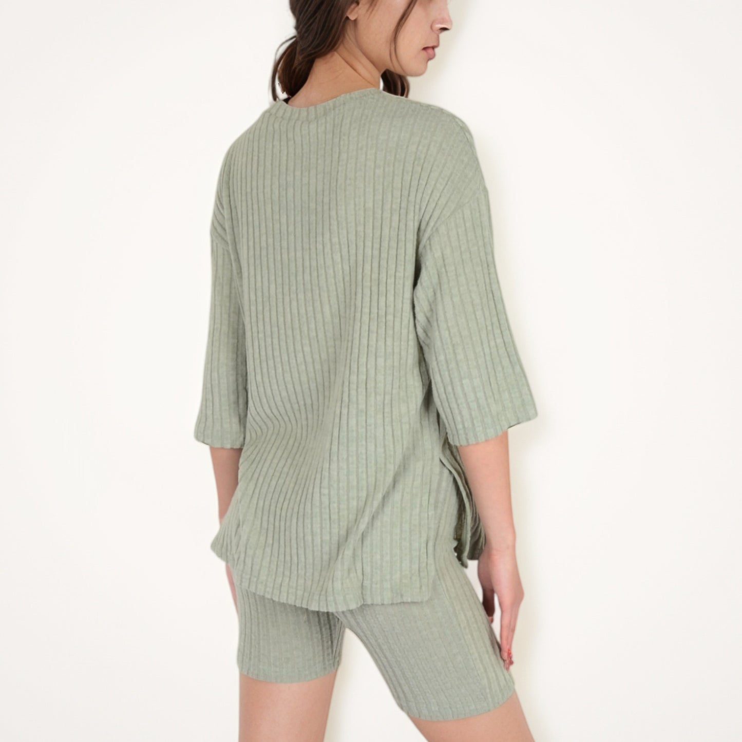 Ribbed Knit Lounge Set with 3/4 Sleeve Top and Fitted Shorts