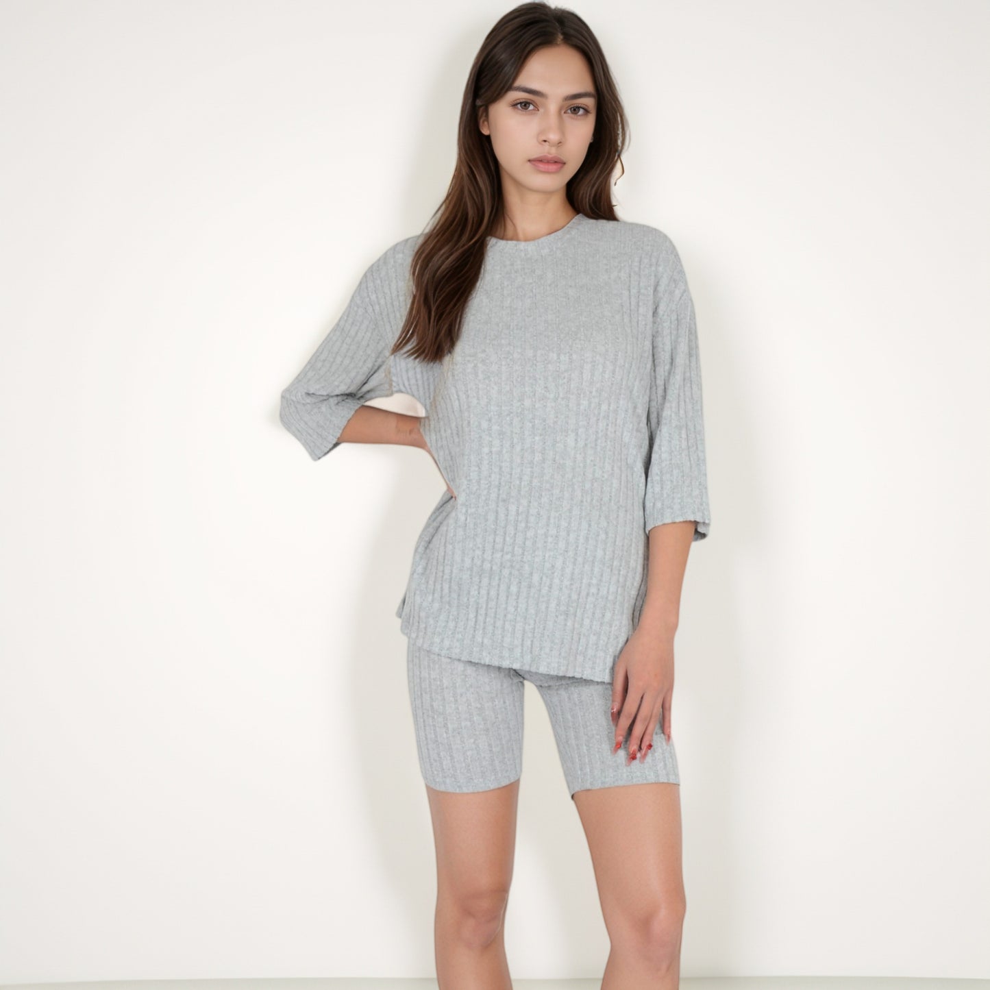 Ribbed Knit Lounge Set with 3/4 Sleeve Top and Fitted Shorts