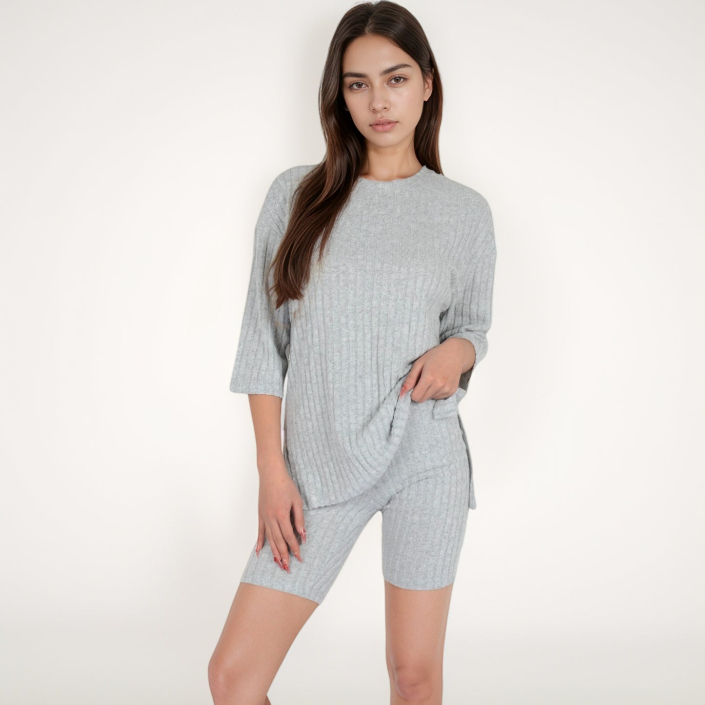 Ribbed Knit Lounge Set with 3/4 Sleeve Top and Fitted Shorts