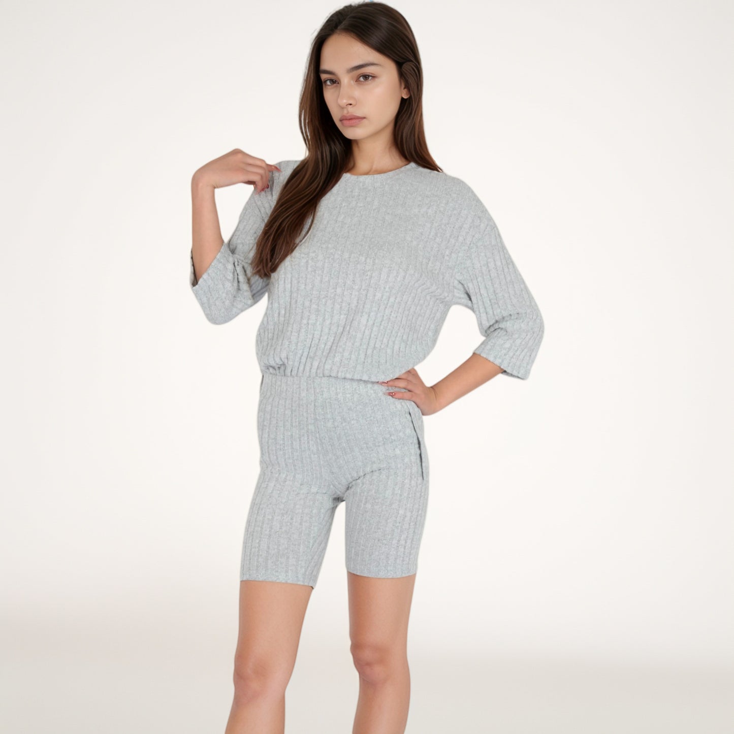 Ribbed Knit Lounge Set with 3/4 Sleeve Top and Fitted Shorts