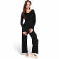 Wide-Leg Lounge Set with Elastic Waist and Drawstring Closure- Black,Small