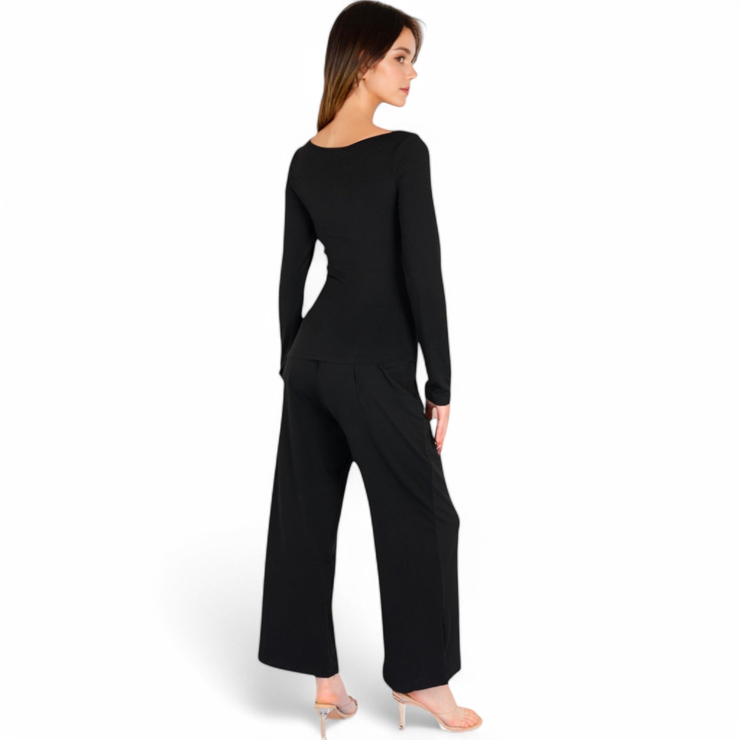 Wide-Leg Lounge Set with Elastic Waist and Drawstring Closure- Black,Small