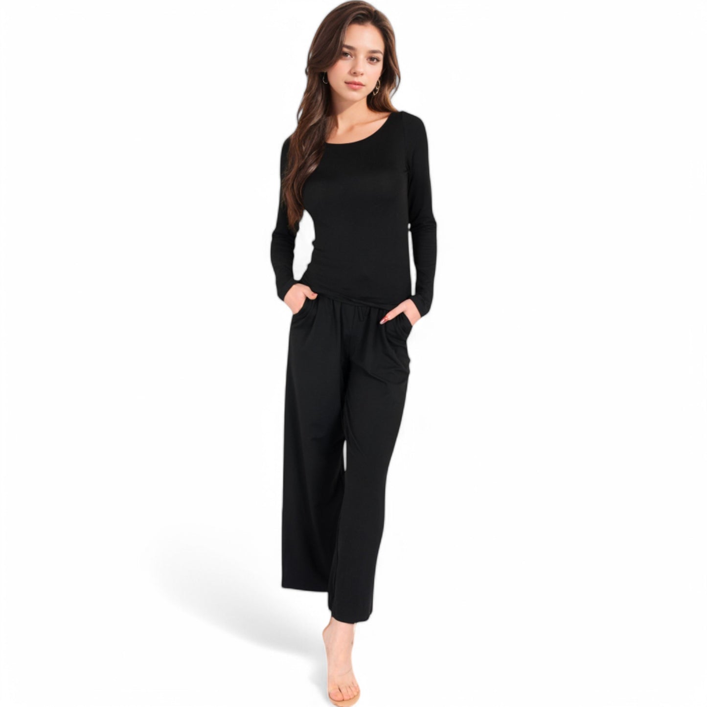 Wide-Leg Lounge Set with Elastic Waist and Drawstring Closure- Black,Small