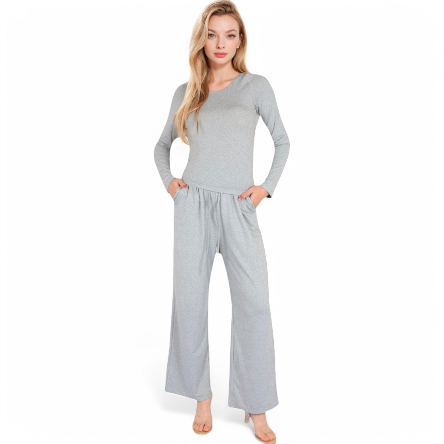 Wide-Leg Lounge Set with Elastic Waist and Drawstring Closure- Black,Small