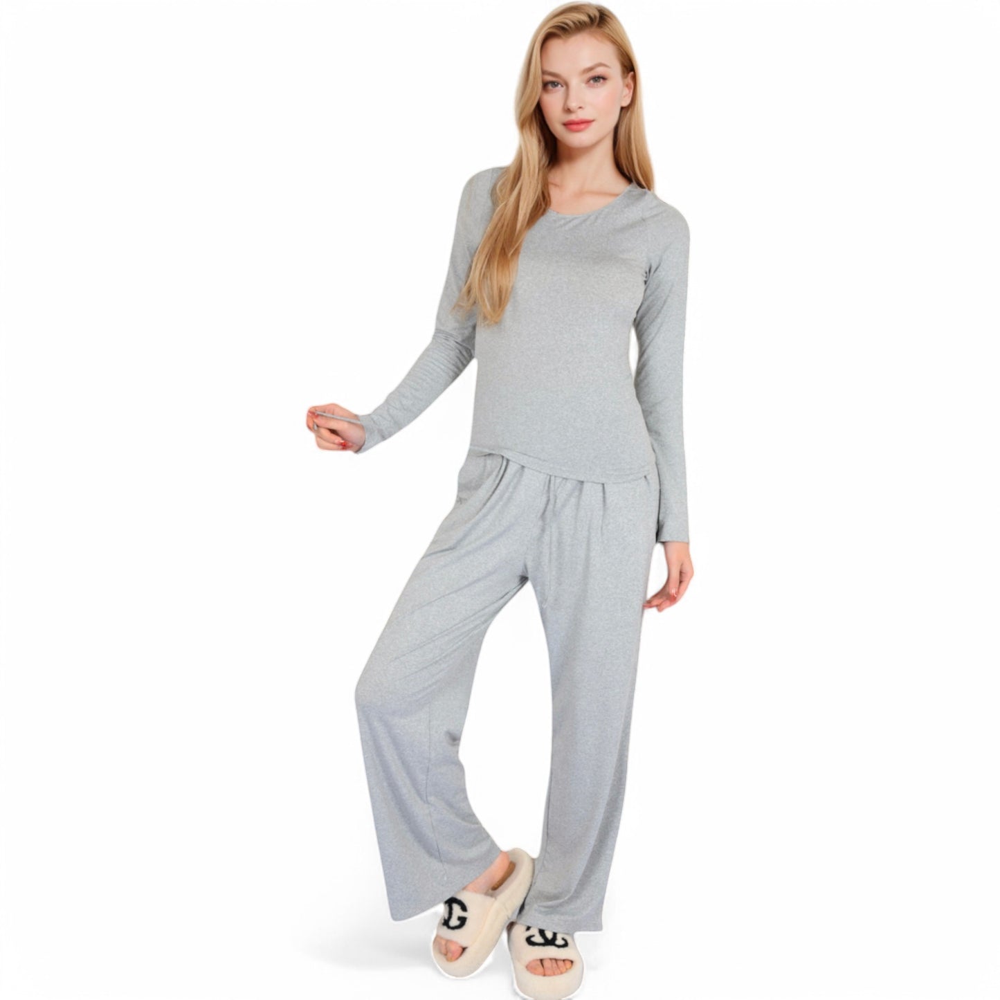 Wide-Leg Lounge Set with Elastic Waist and Drawstring Closure- Black,Small