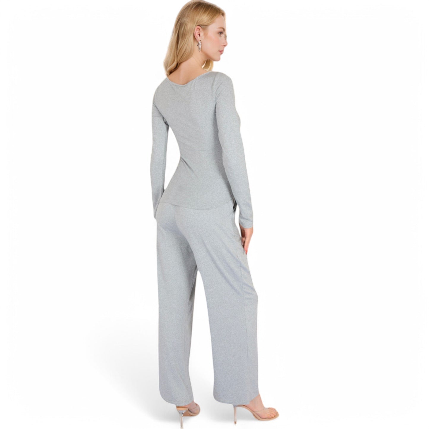 Wide-Leg Lounge Set with Elastic Waist and Drawstring Closure- Black,Small