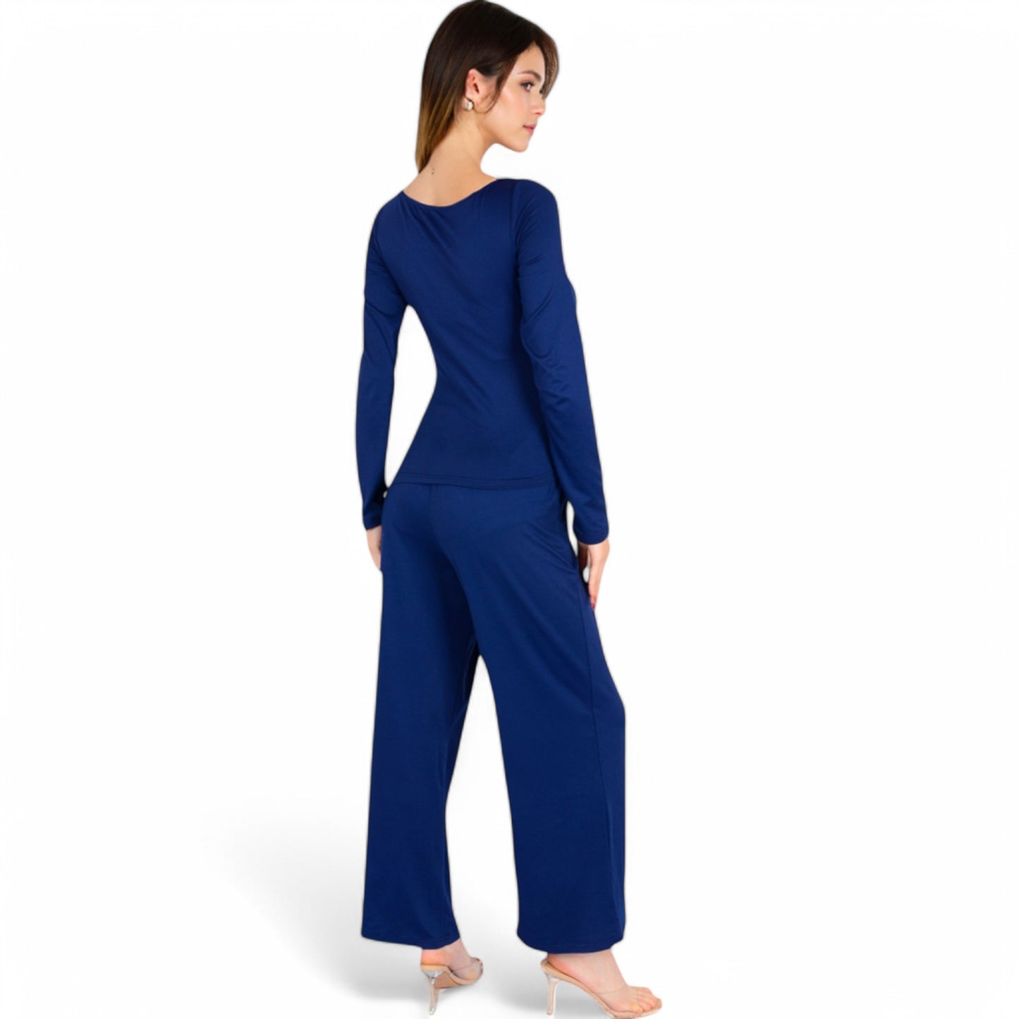 Wide-Leg Lounge Set with Elastic Waist and Drawstring Closure- Black,Small