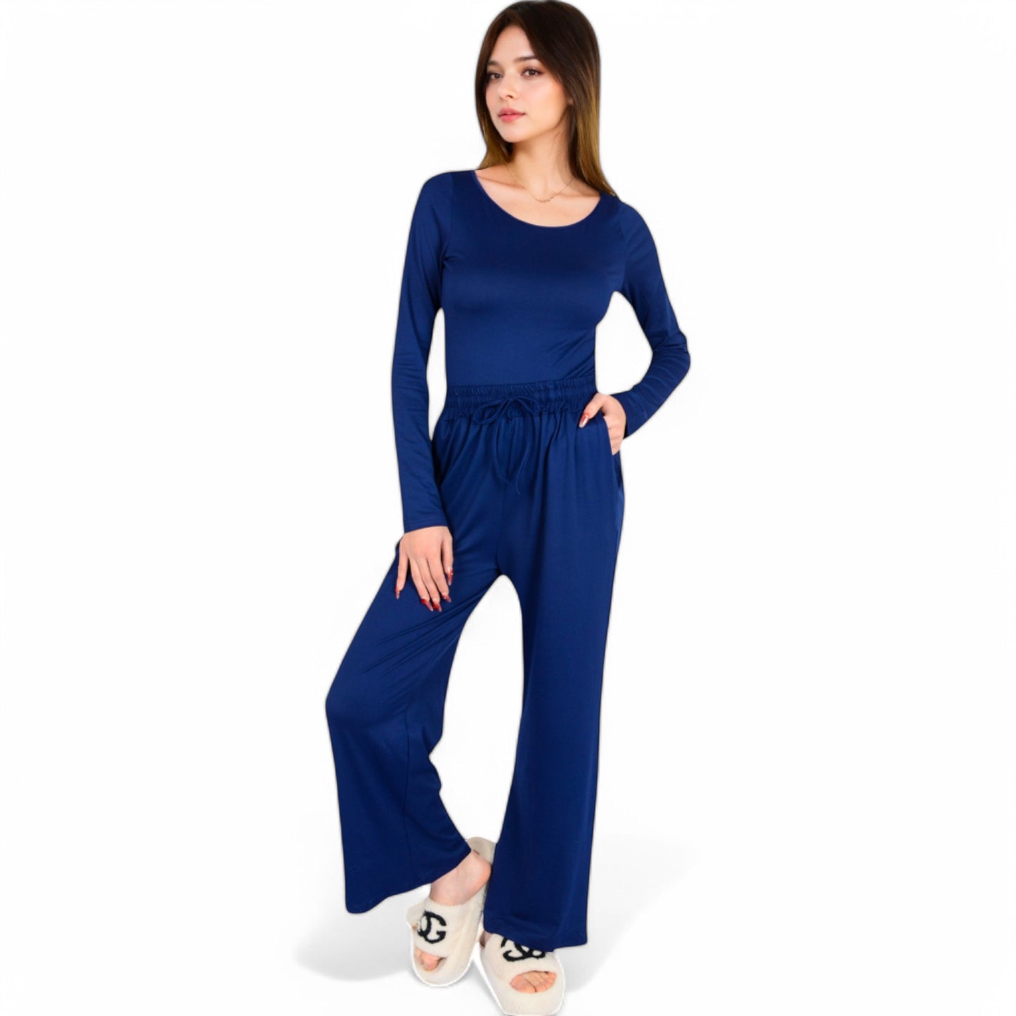 Wide-Leg Lounge Set with Elastic Waist and Drawstring Closure- Black,Small