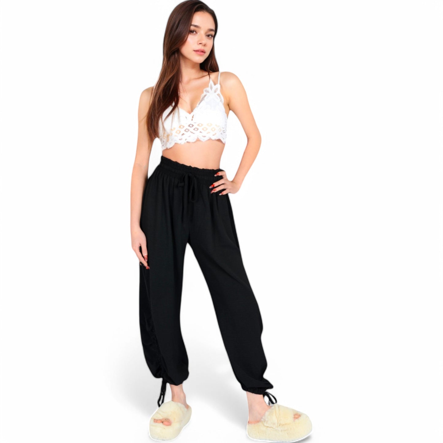 Relaxed Fit Drawstring Hem Pants with Elastic Waist