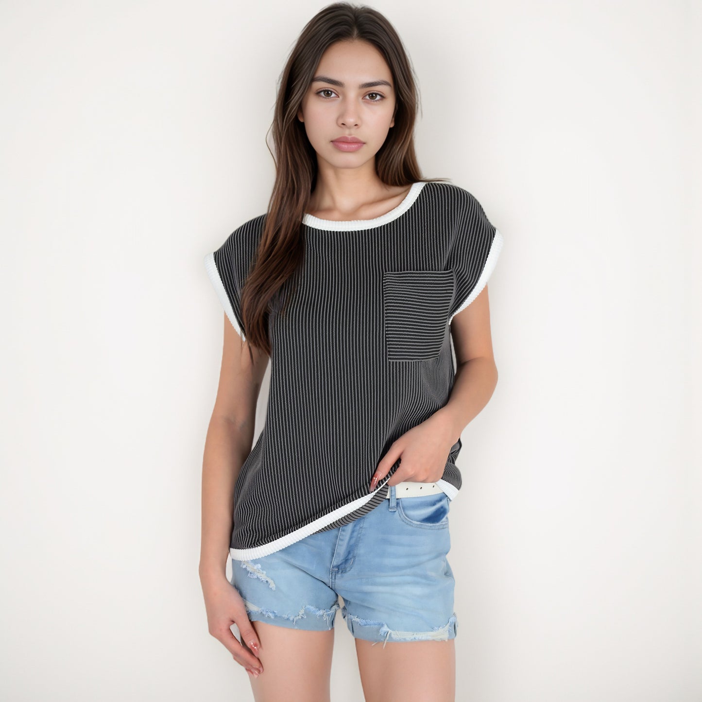 Sleeveless Striped Knit Top with Contrast Trim and Chest Pocket Detail