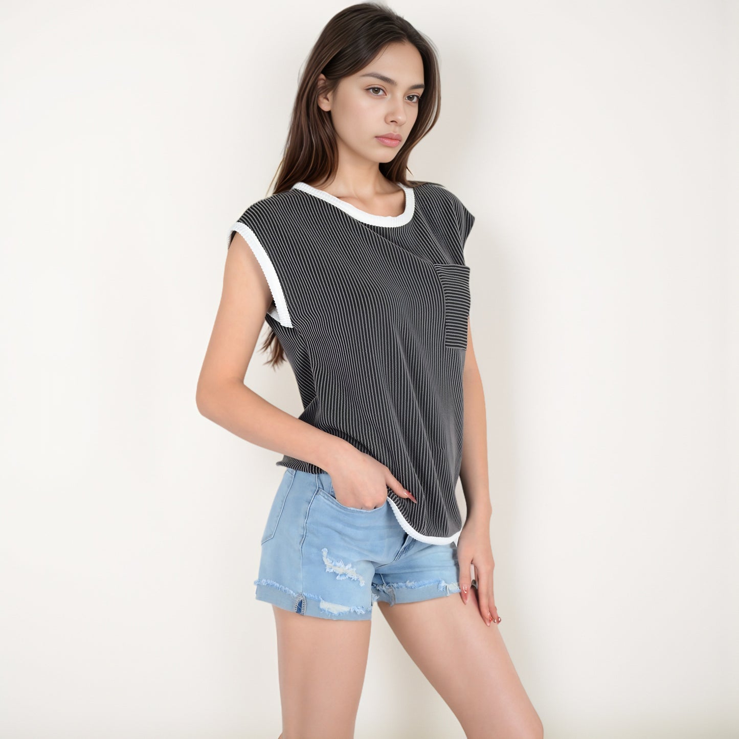 Sleeveless Striped Knit Top with Contrast Trim and Chest Pocket Detail