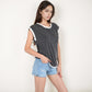 Sleeveless Striped Knit Top with Contrast Trim and Chest Pocket Detail