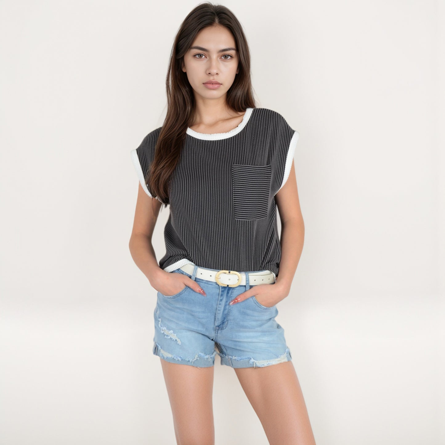 Sleeveless Striped Knit Top with Contrast Trim and Chest Pocket Detail