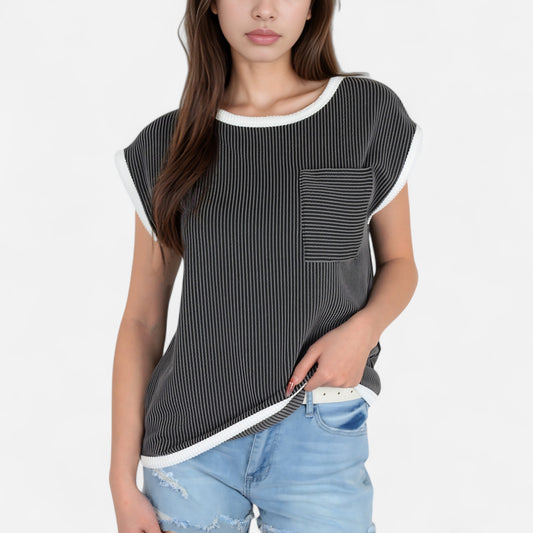 Sleeveless Striped Knit Top with Contrast Trim and Chest Pocket Detail