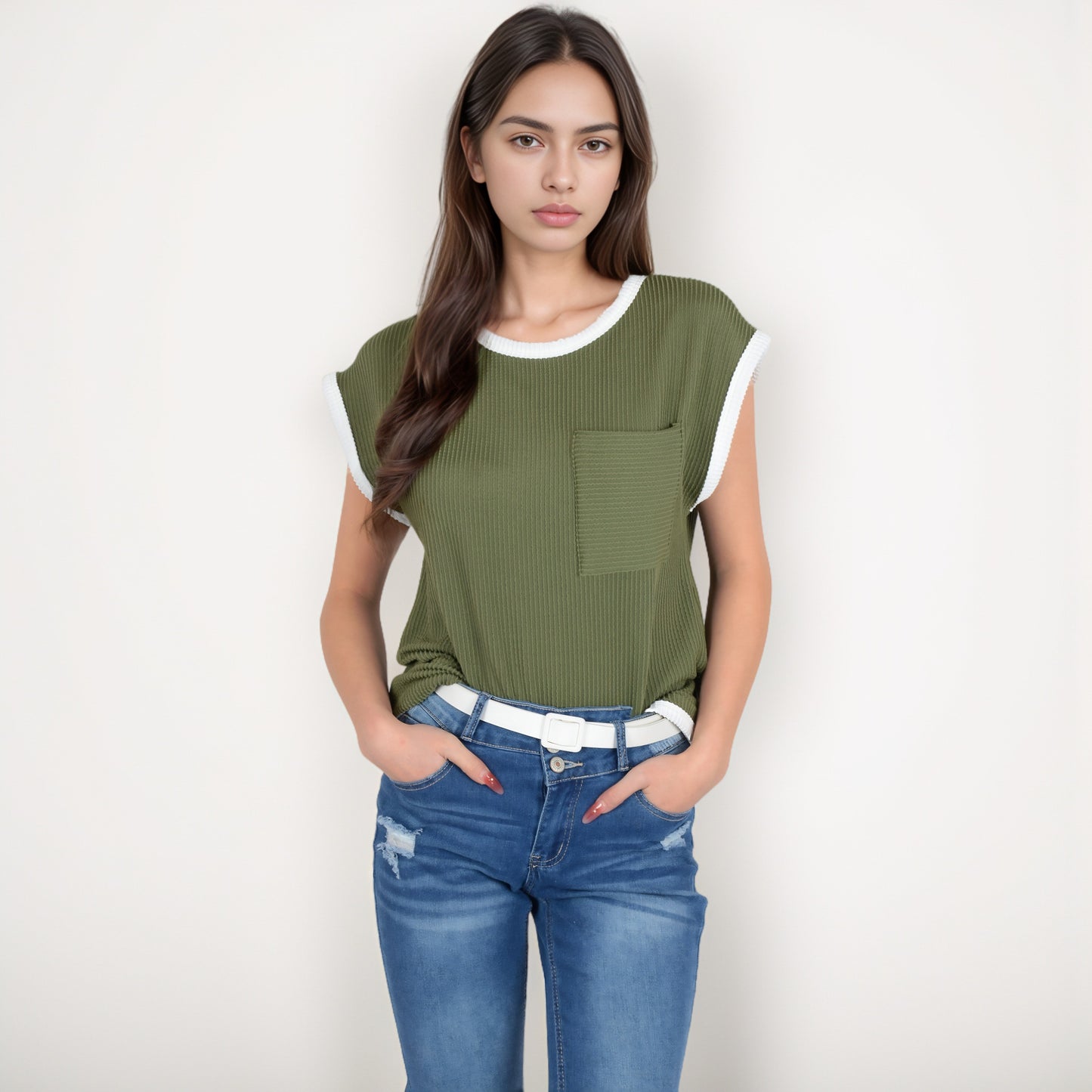 Sleeveless Striped Knit Top with Contrast Trim and Chest Pocket Detail