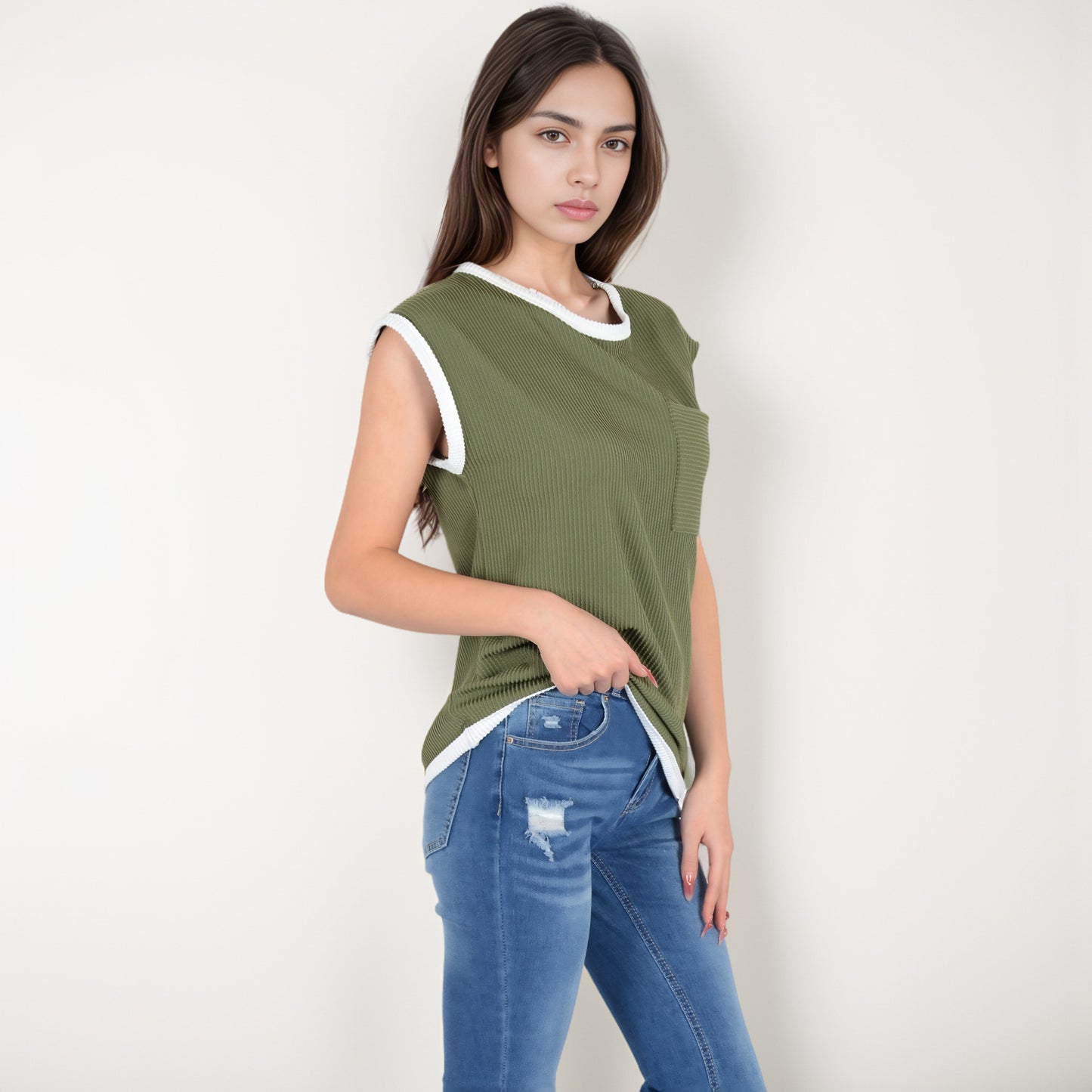 Sleeveless Striped Knit Top with Contrast Trim and Chest Pocket Detail
