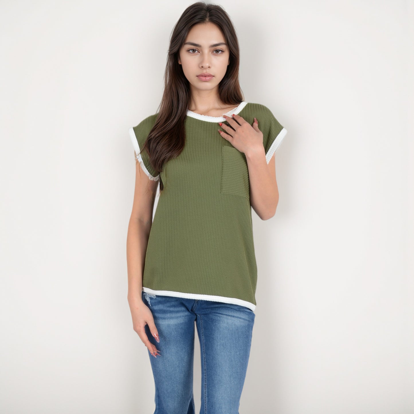 Sleeveless Striped Knit Top with Contrast Trim and Chest Pocket Detail