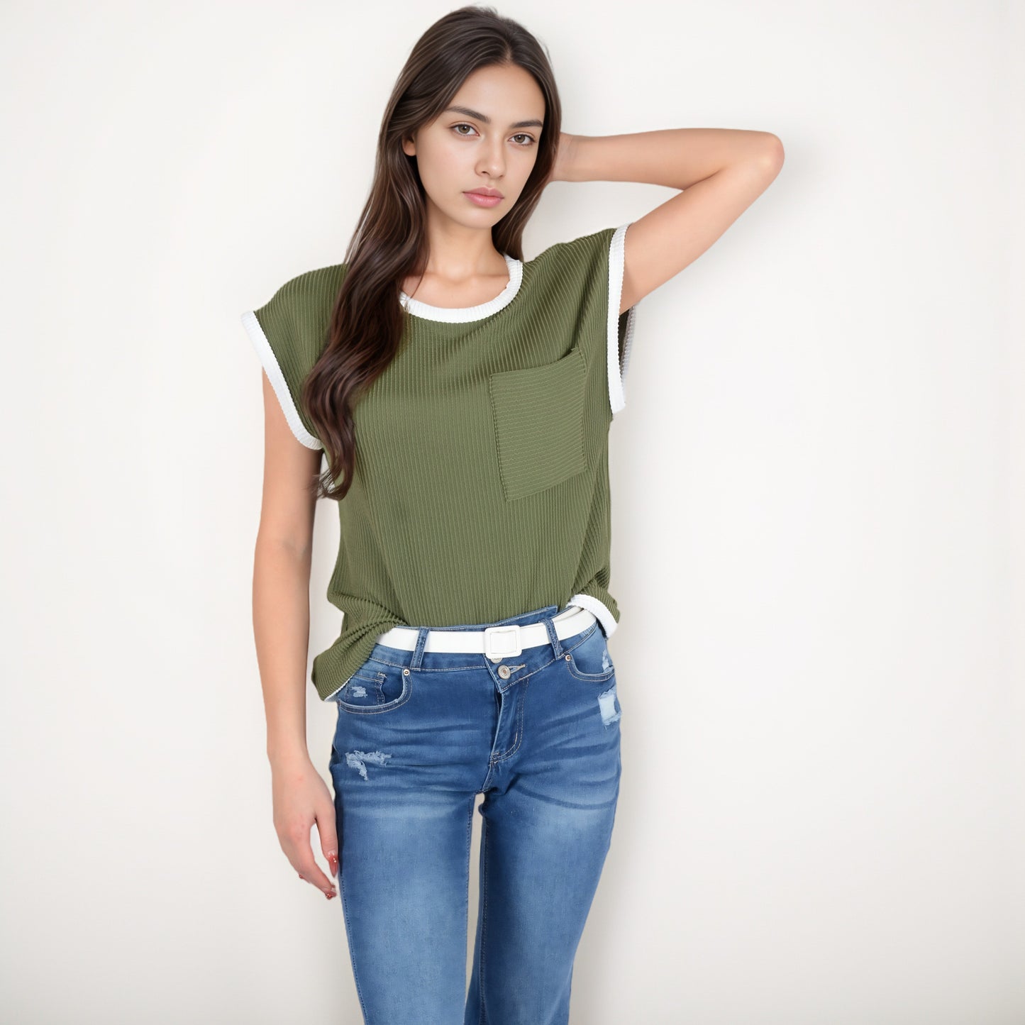 Sleeveless Striped Knit Top with Contrast Trim and Chest Pocket Detail