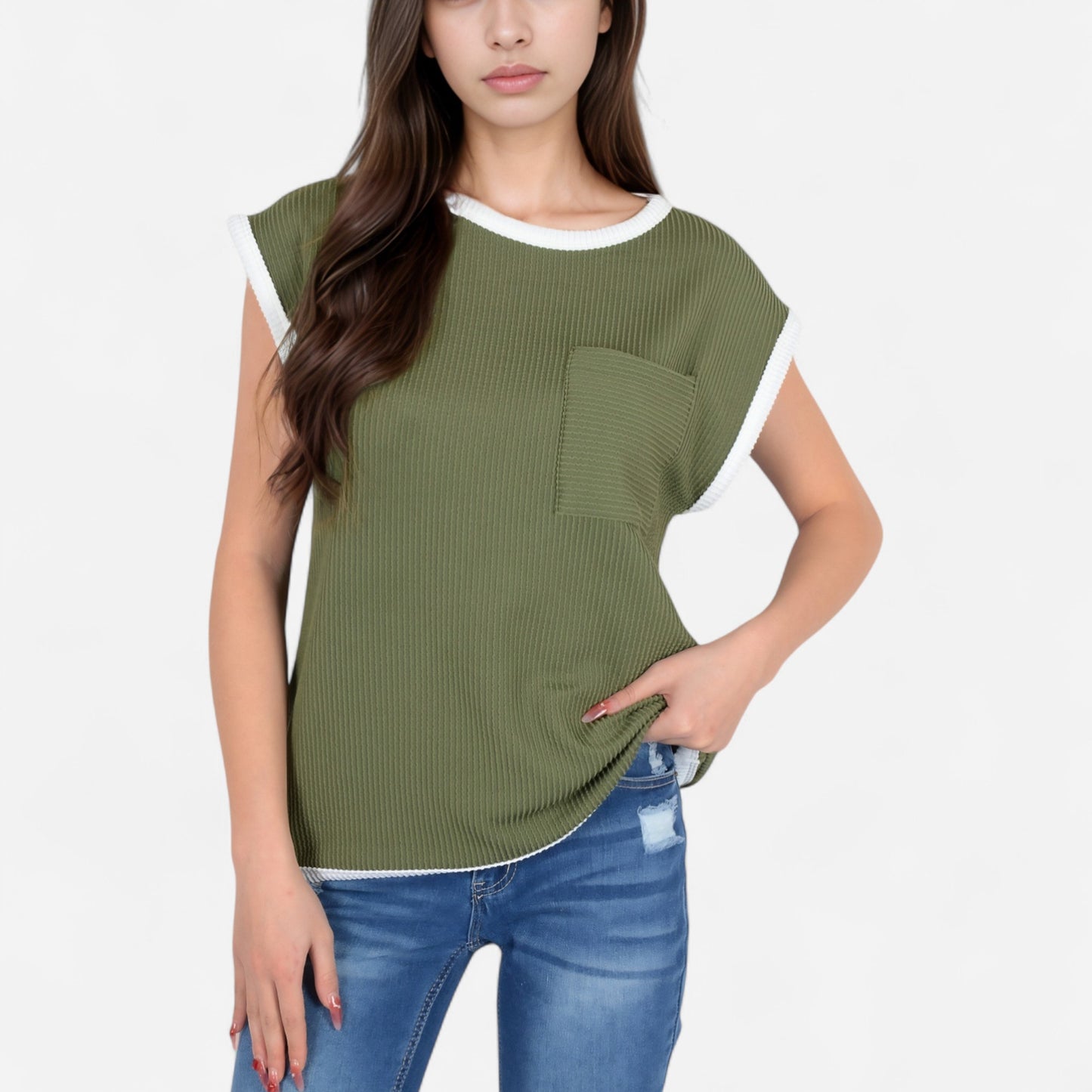 Sleeveless Striped Knit Top with Contrast Trim and Chest Pocket Detail