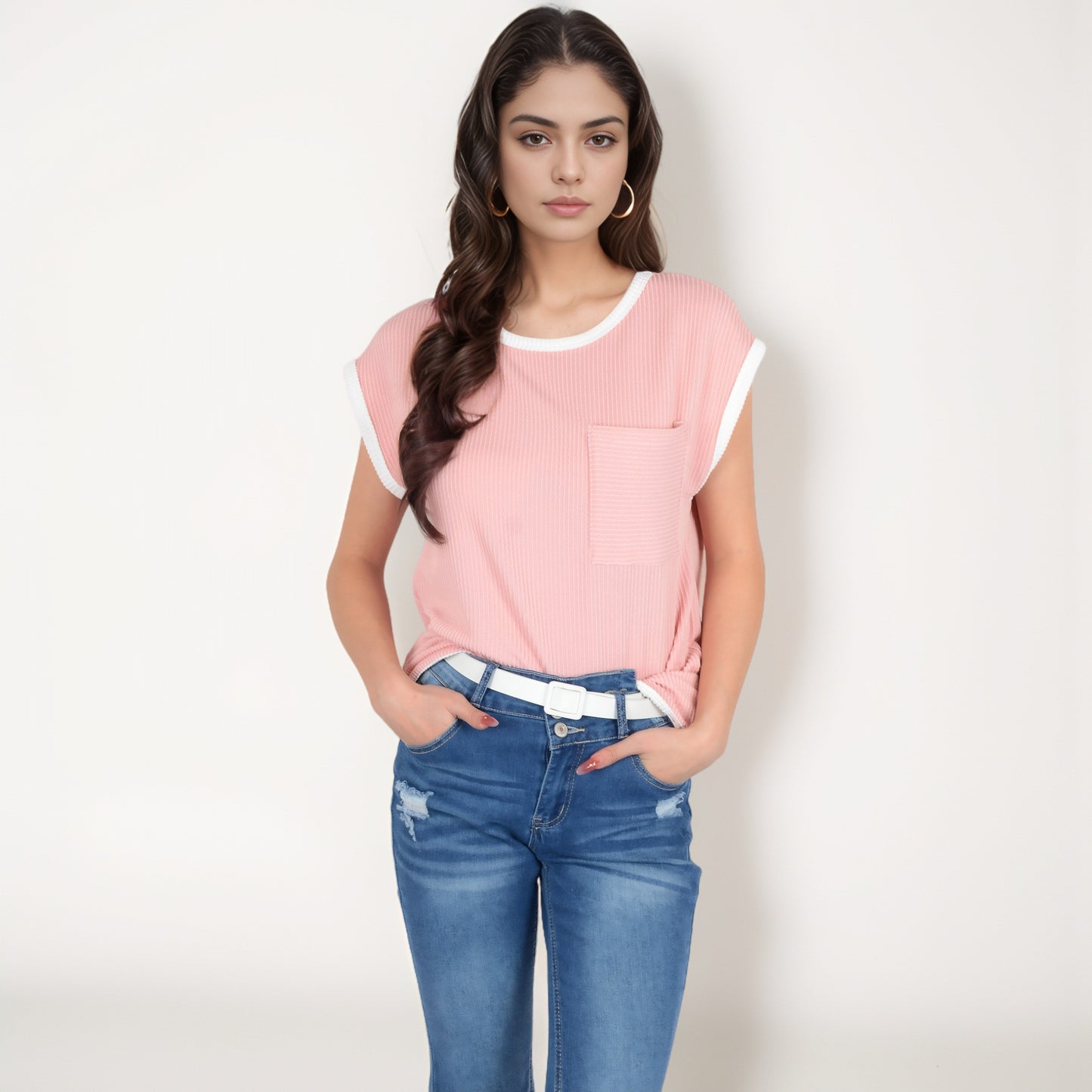 Sleeveless Striped Knit Top with Contrast Trim and Chest Pocket Detail