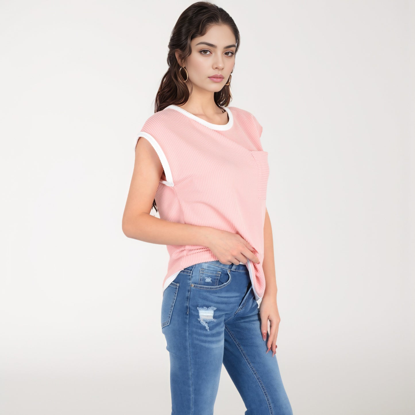 Sleeveless Striped Knit Top with Contrast Trim and Chest Pocket Detail