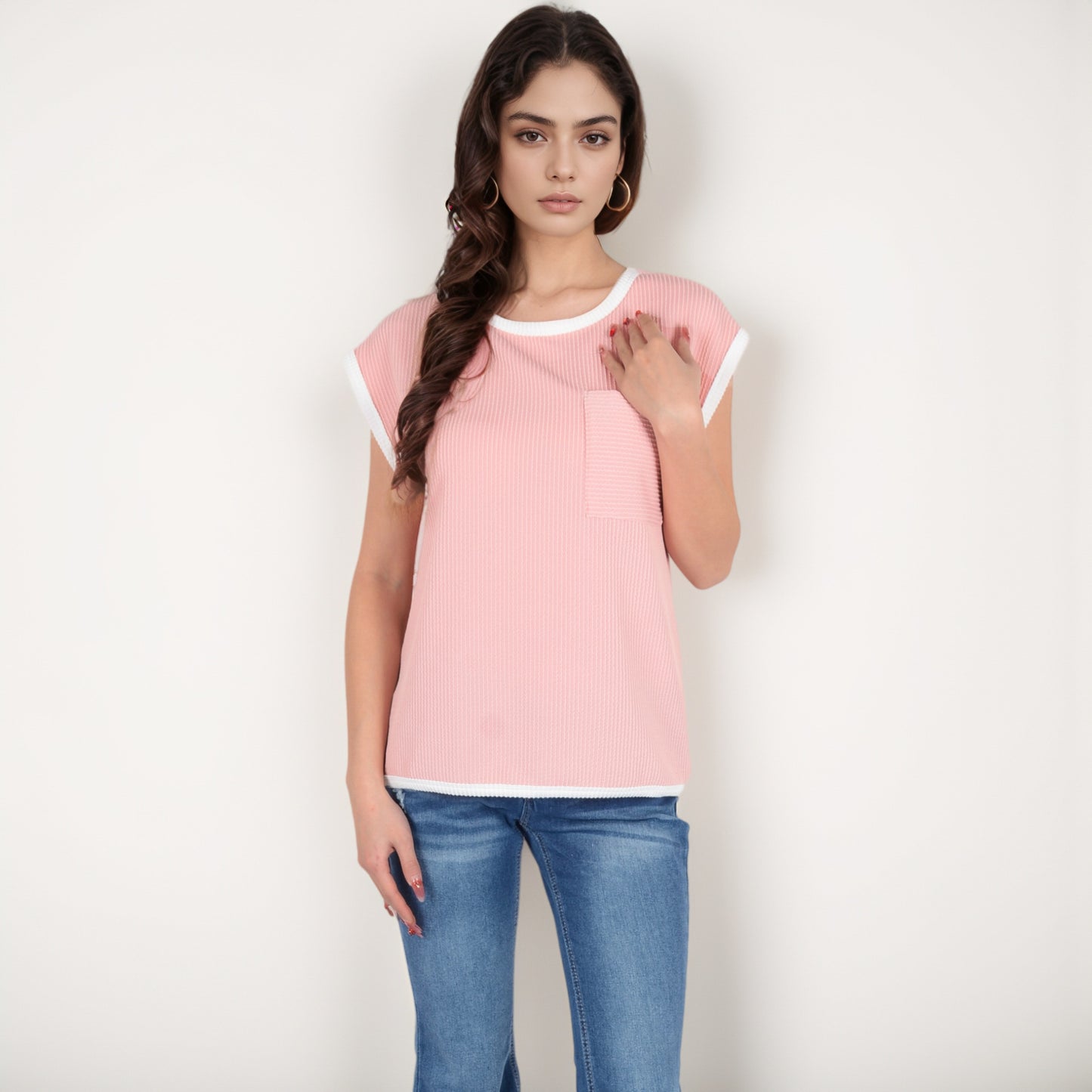 Sleeveless Striped Knit Top with Contrast Trim and Chest Pocket Detail