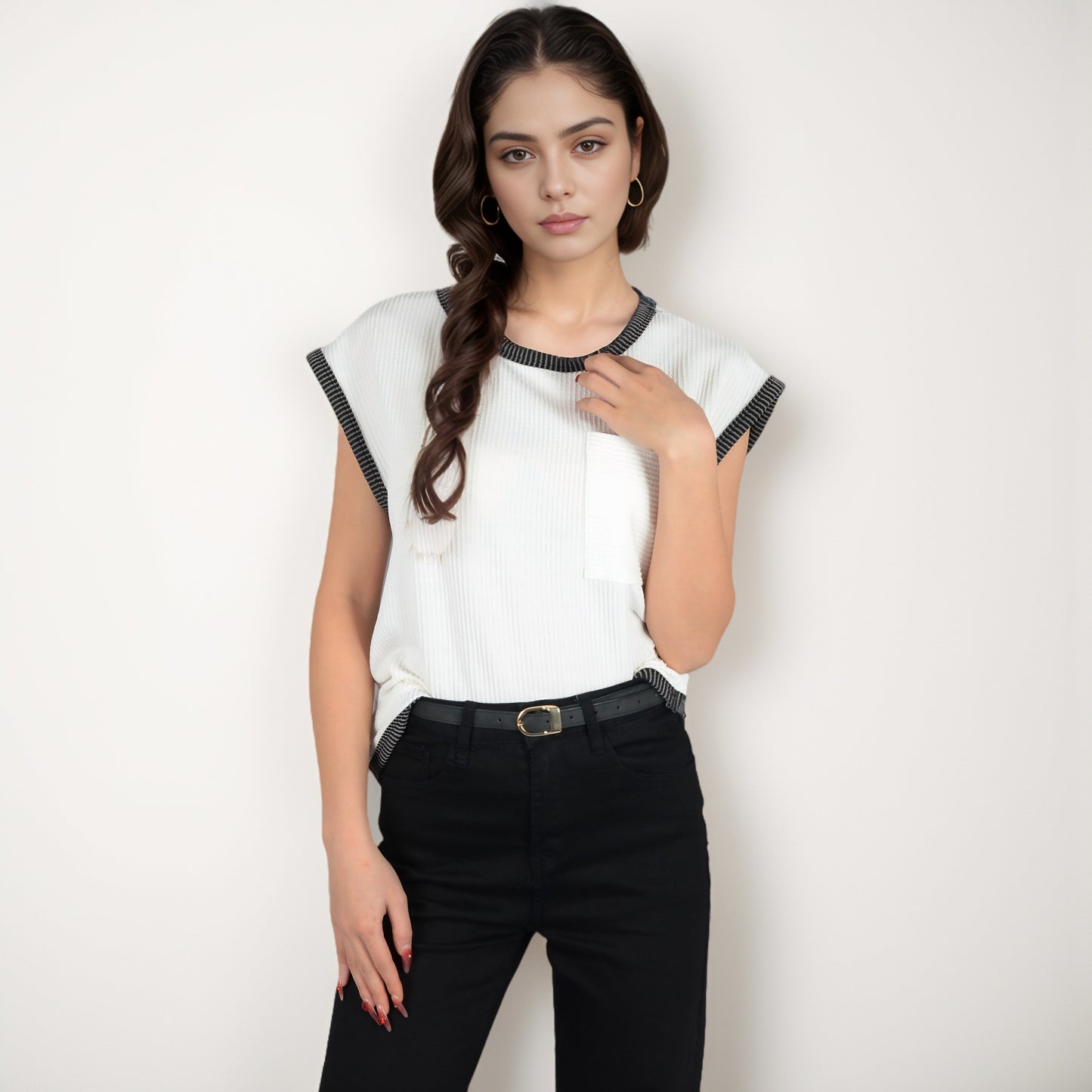 Sleeveless Striped Knit Top with Contrast Trim and Chest Pocket Detail