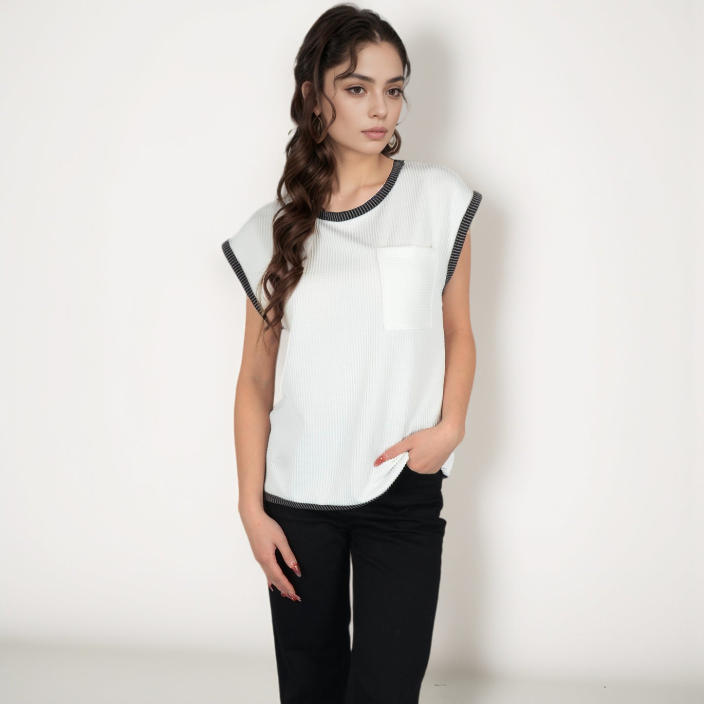 Sleeveless Striped Knit Top with Contrast Trim and Chest Pocket Detail