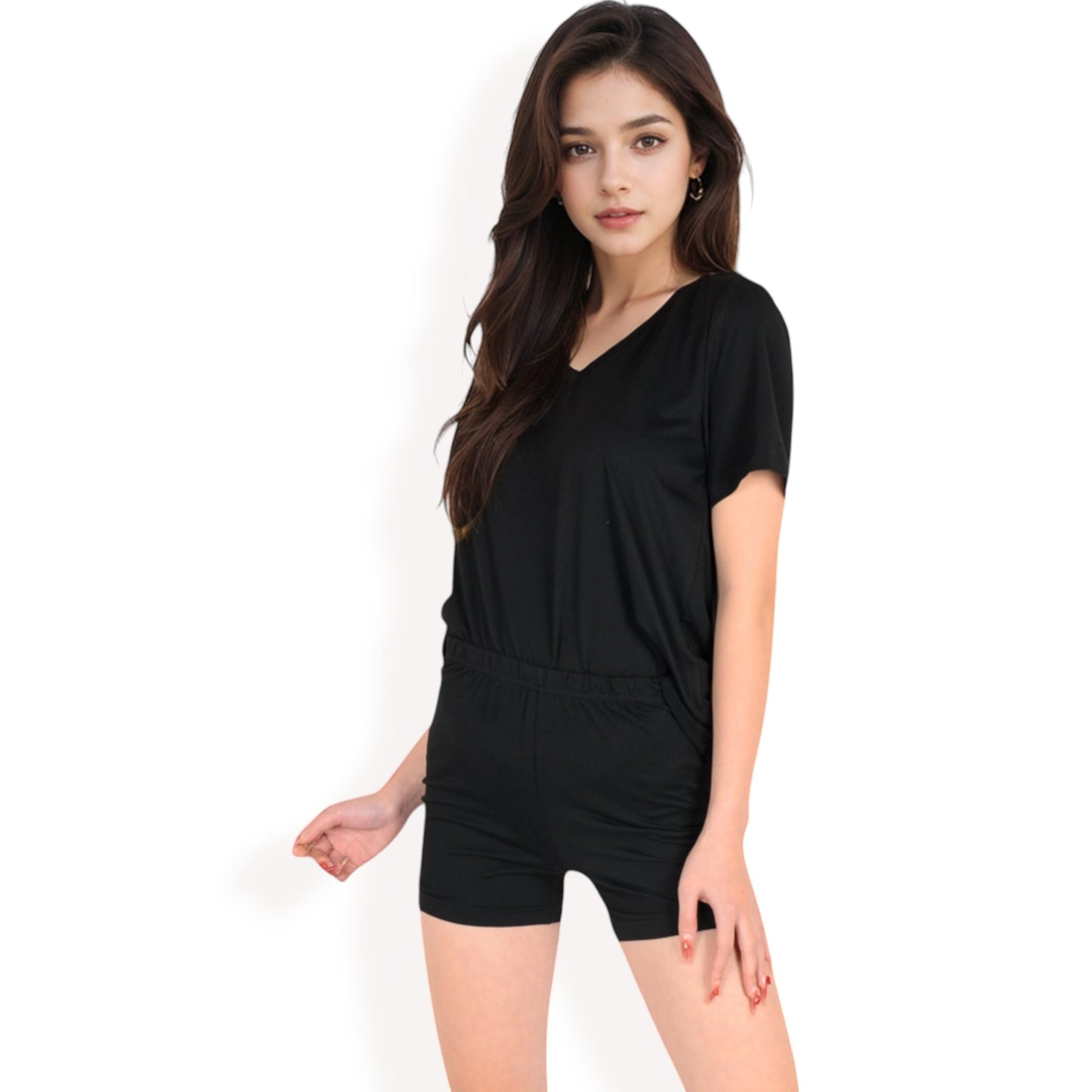 V-Neck Relaxed Two-Piece Lounge Set with Shorts