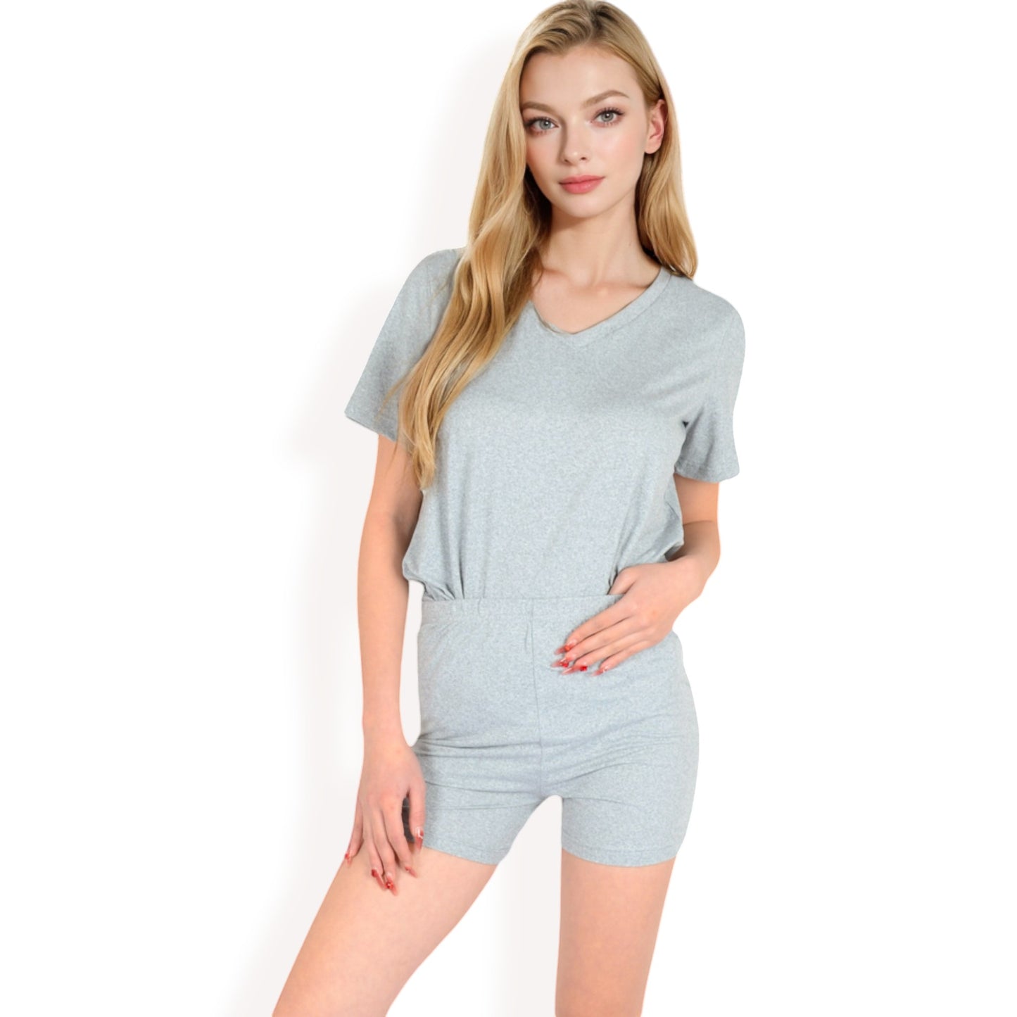V-Neck Relaxed Two-Piece Lounge Set with Shorts