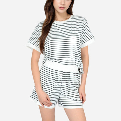 Lounge Women's Striped Lounge Set with Cuffed Short Sleeve Top and Elastic Waist Shorts