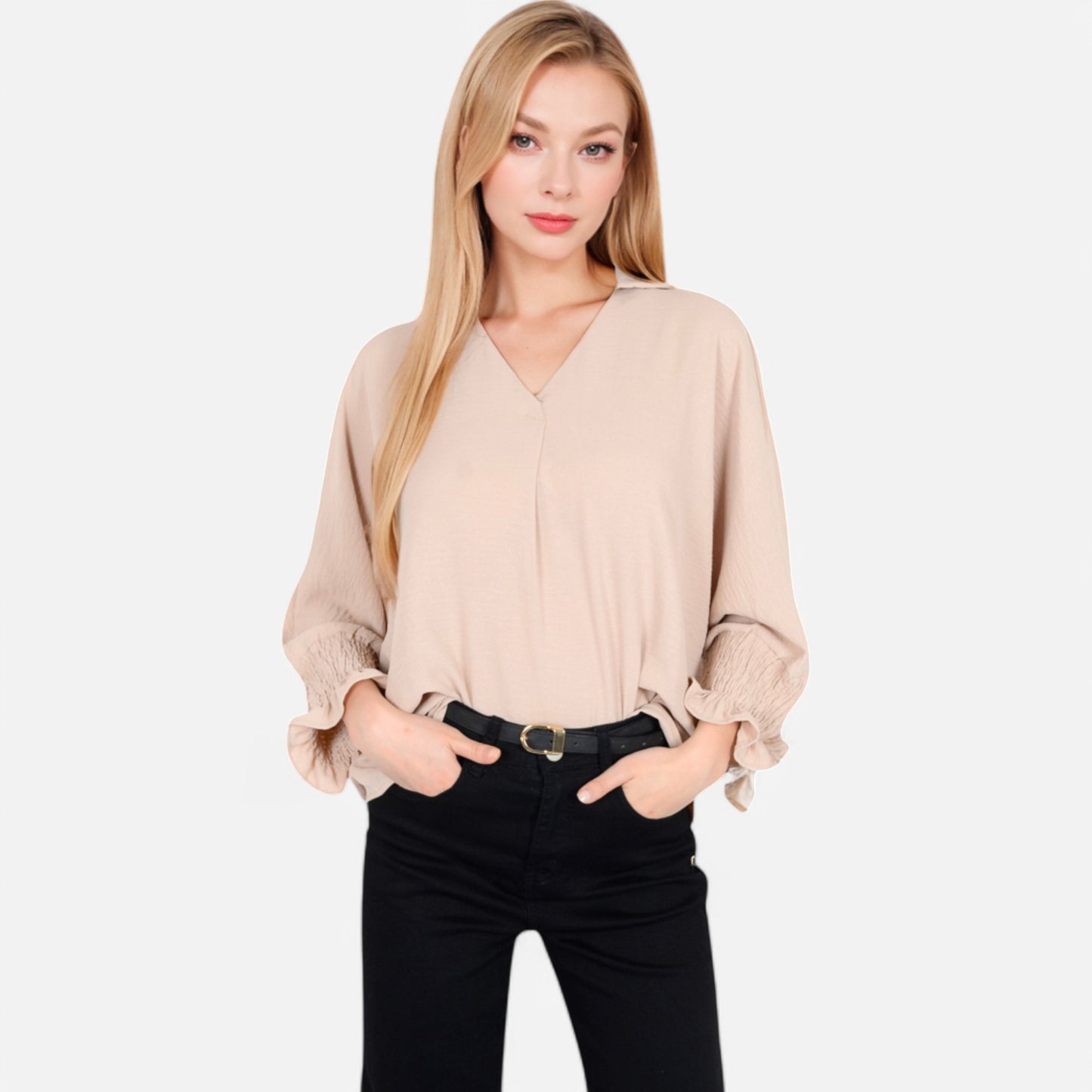V-Neck Blouse with 3/4 Lantern Sleeves and Ruffle Cuffs