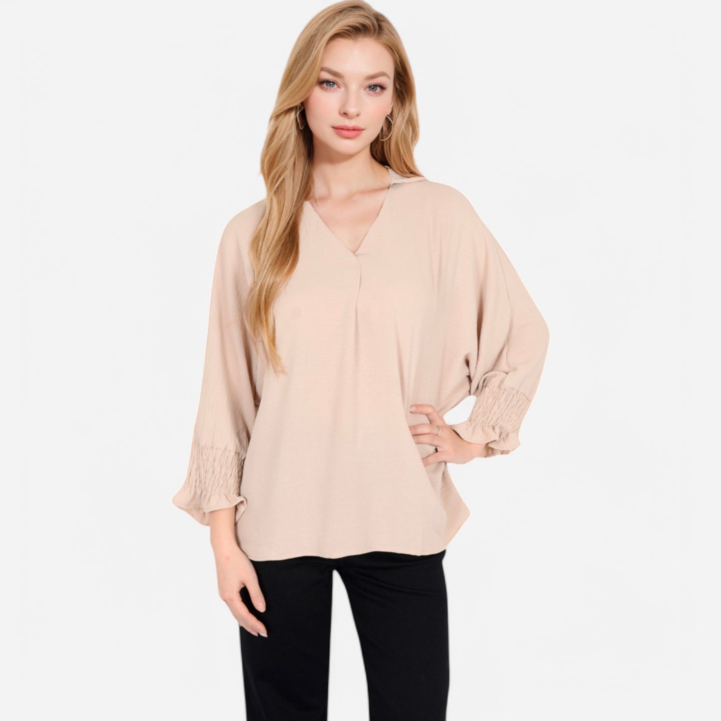 V-Neck Blouse with 3/4 Lantern Sleeves and Ruffle Cuffs