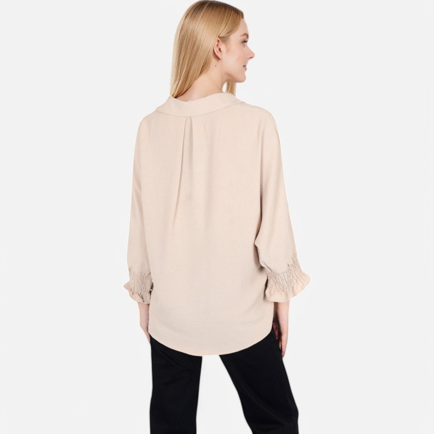V-Neck Blouse with 3/4 Lantern Sleeves and Ruffle Cuffs