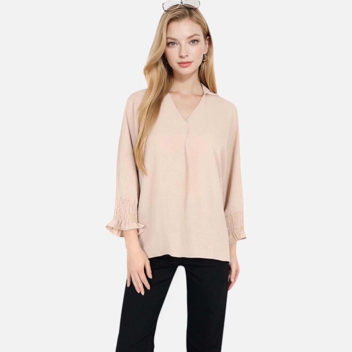 V-Neck Blouse with 3/4 Lantern Sleeves and Ruffle Cuffs