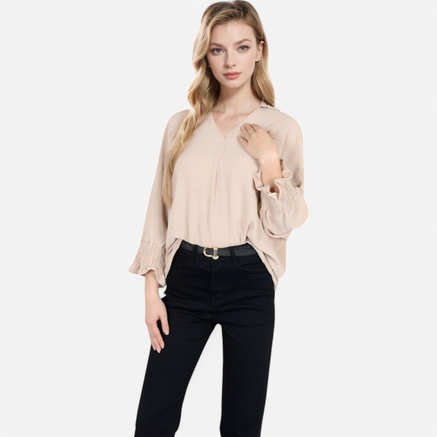 V-Neck Blouse with 3/4 Lantern Sleeves and Ruffle Cuffs